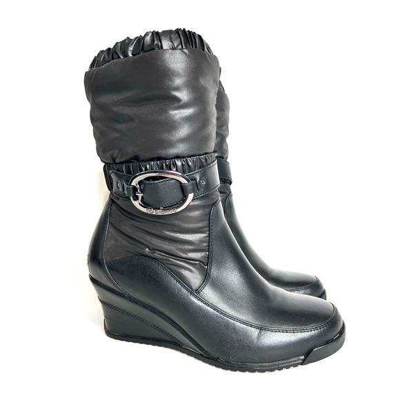 Blondo Puffer Leather Wedge Boots Waterproof Quilted Down Filled Nylon Black 7 - Picture 2 of 16